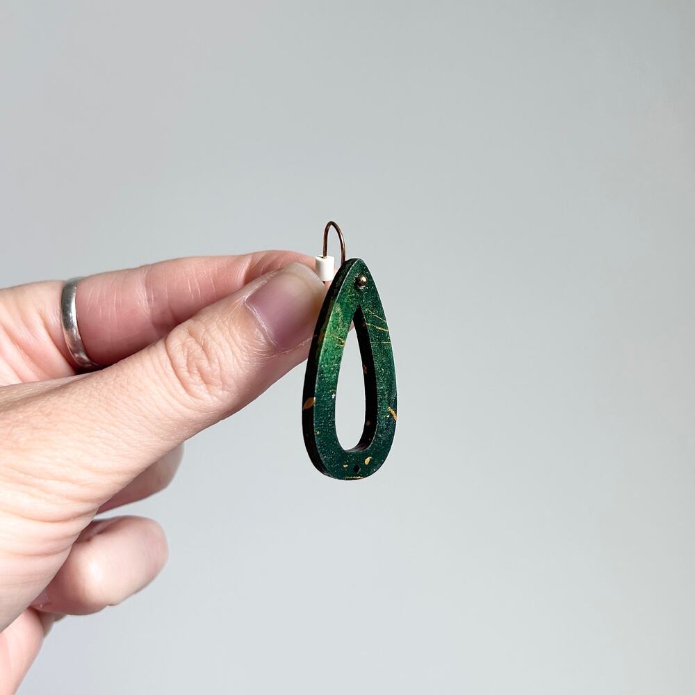 Handmade Lightweight Wood Painted Green Gold Tear Shape Fish Hook Earrings